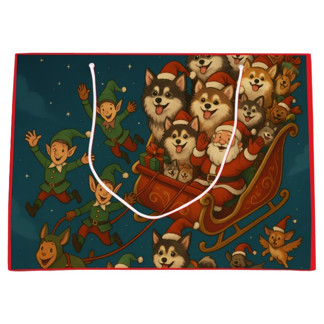 Grand Sac Cadeau Santa with joyous pups and elves! (Devant)