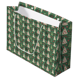 Grand Sac Cadeau Sapin de Noël et ornements vert forêt vintage