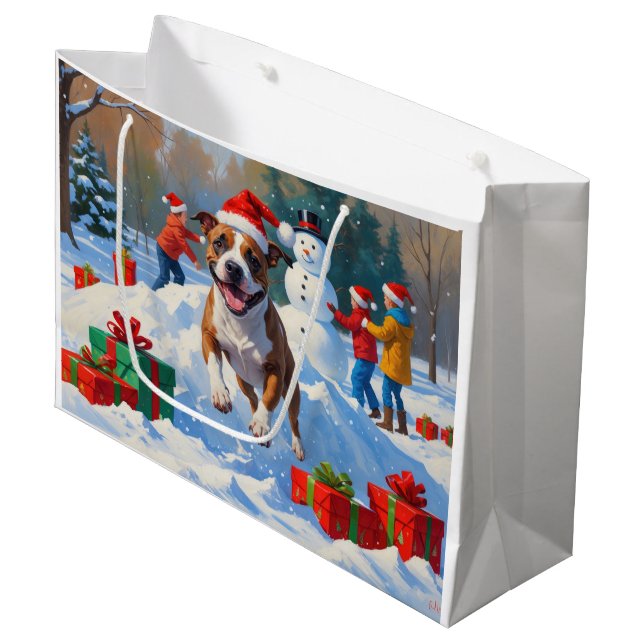 Grand Sac Cadeau Scène de Noël de Bull Terrier (Devant Angle)