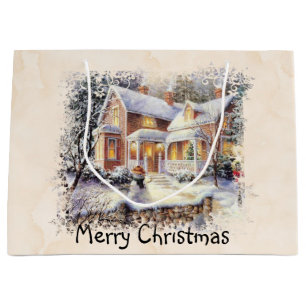 Grand Sac Cadeau Scène d'hiver avec Cottage et Snowman