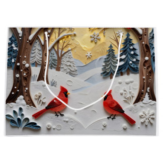Grand Sac Cadeau Scène hivernale | Forêt enchantée et cardinaux