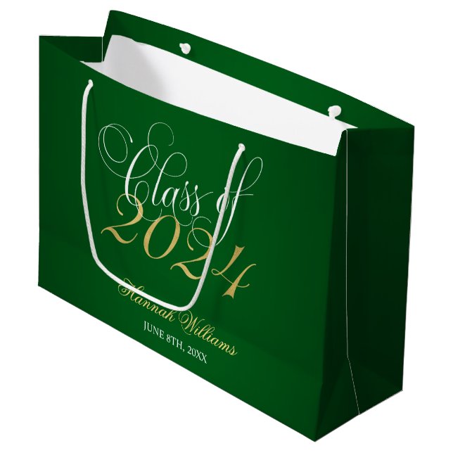 Grand Sac Cadeau Script Green Gold Classe de 2024 Graduation (Devant Angle)