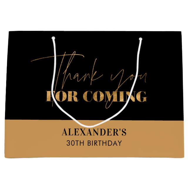 Grand Sac Cadeau Script noir et or chic Merci d'anniversaire (Devant)
