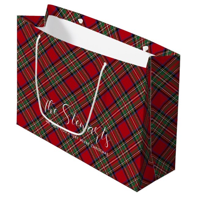 Grand Sac Cadeau Script Plaid personnalisé Christmas Stewart Tartan (Devant Angle)