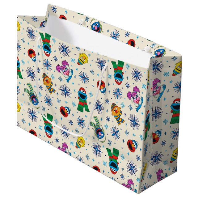 Grand Sac Cadeau Sesame Street Noël Snowflake Motif (Devant Angle)