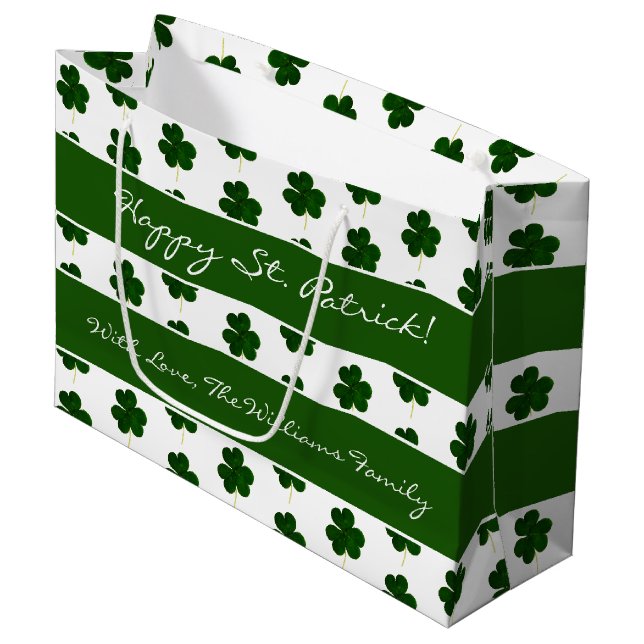 Grand Sac Cadeau Shamrock Clover Motif texte personnalisé St. Patri (Devant Angle)