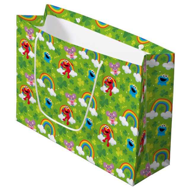 Grand Sac Cadeau Shamrock de rue Sesame et Motif arc-en-ciel (Devant Angle)