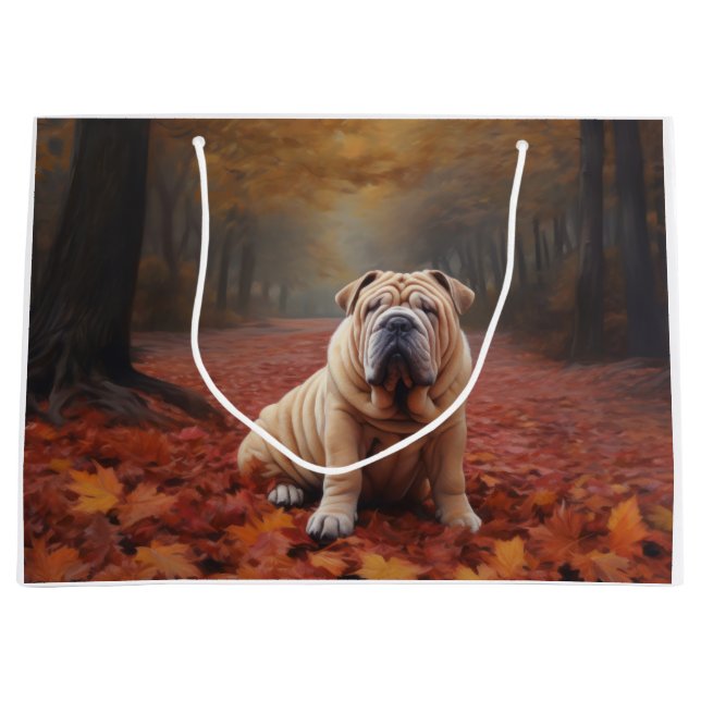 Grand Sac Cadeau Shar Pei dans l'automne Feuilles automne Inspire (Devant)