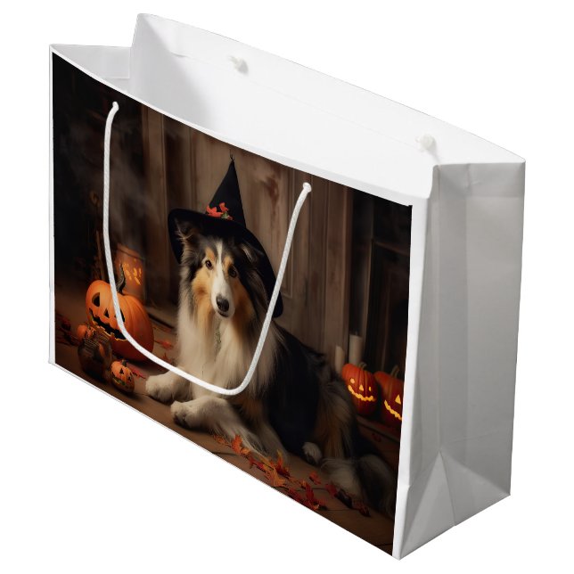 Grand Sac Cadeau Shetland Sheepdog Citrouille Halloween effrayant (Devant Angle)