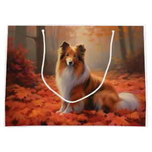 Grand Sac Cadeau Shetland Sheepdog en automne Feuilles automne Insp