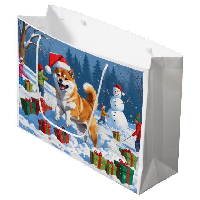 Grand Sac Cadeau Shiba Inu coule en neige avec le Casquette de Noël (Devant Angle)