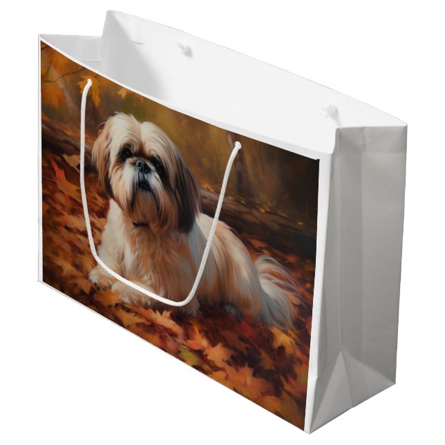 Grand Sac Cadeau Shih Tzu à l'automne Feuilles automne Inspire (Devant Angle)