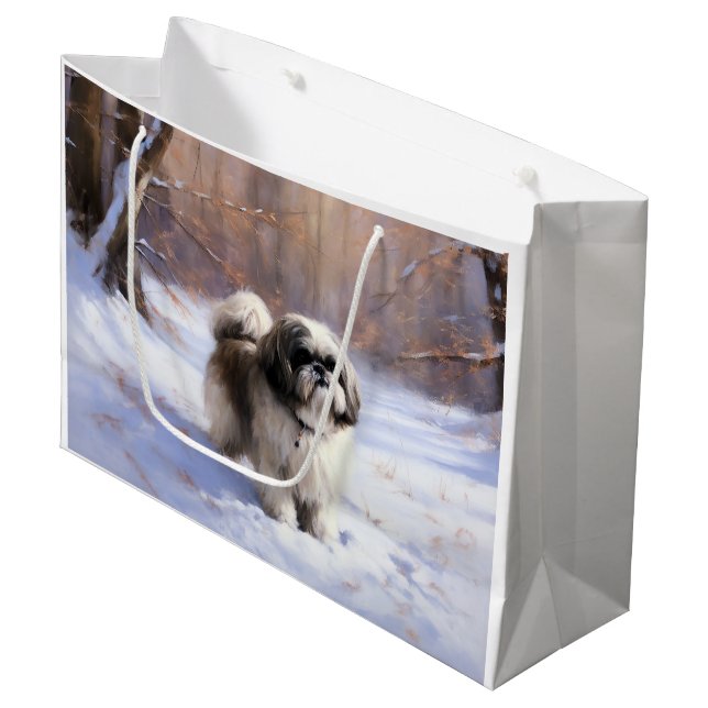 Grand Sac Cadeau Shih Tzu Laisse Neige Noël (Devant Angle)
