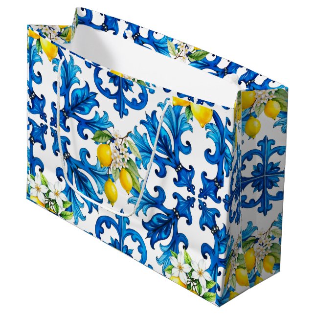 Grand Sac Cadeau sicilien, été, citron, mosaïque, bleu (Devant Angle)