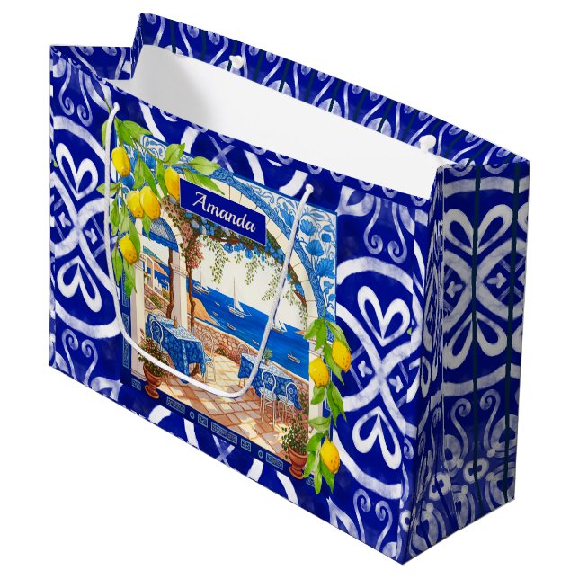 Grand Sac Cadeau Sicilienne Méditerranée majolica agrus carreaux bl (Devant Angle)