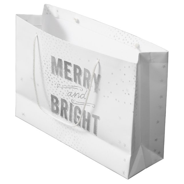 Grand Sac Cadeau Silver et blanc Flocon de neige Joyeux et brillant (Devant Angle)