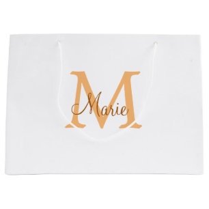 Grand Sac Cadeau simple minimum ajouter nom monogramme orange brun 
