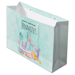 Grand Sac Cadeau Sirènes et méduses sous l'aquarelle de mer Larg