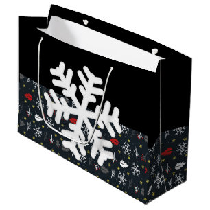 Grand Sac Cadeau Snowflakes et Feuilles de Noël avec Tissu Noir