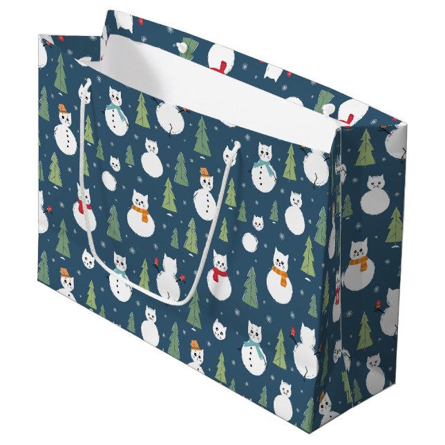 Grand Sac Cadeau Snowman Cats Motif de vacances (Devant Angle)