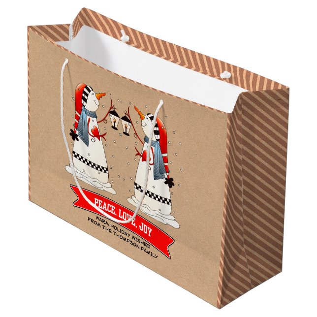 Grand Sac Cadeau Snowman Couple Kraft Papier personnalisé Noël (Devant Angle)