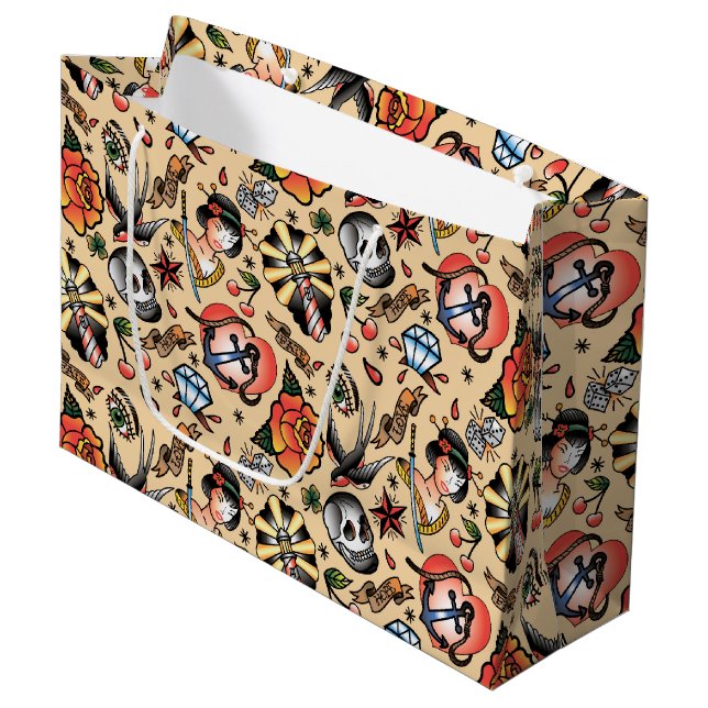 Grand Sac Cadeau Soirée carrelée pour les amateurs de tatouage (Devant Angle)