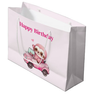 Grand Sac Cadeau Sourire rose Sloth conduisant un Anniversaire conv