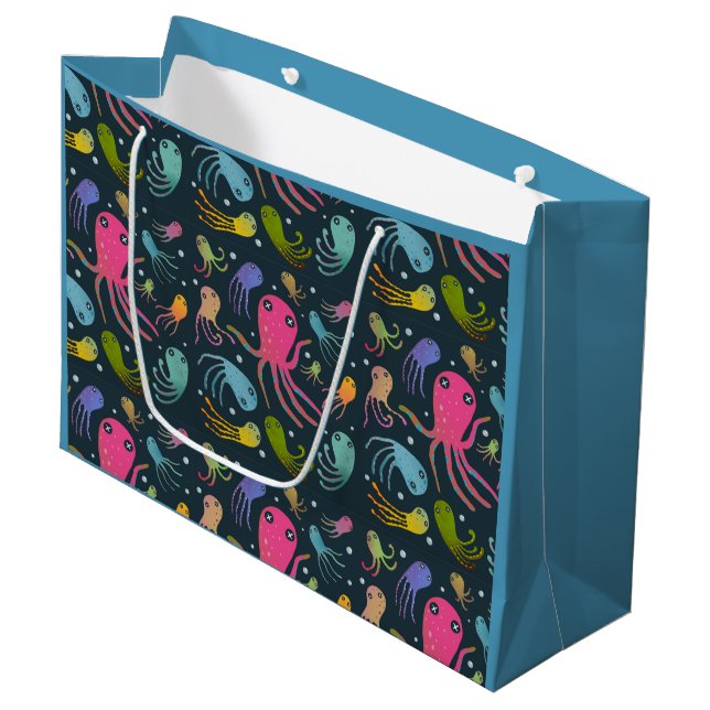 Grand Sac Cadeau Sous la mer Marine Vie Dessin Arrière - plan foncé (Devant Angle)