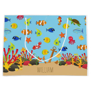 Grand Sac Cadeau Sous l'océan marin Poisson et Ancre Nom de l'enfan