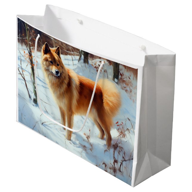 Grand Sac Cadeau Spitz Finlandais Laisser Neige Noël (Devant Angle)