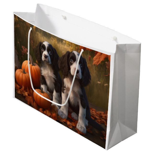 Grand Sac Cadeau Springer Spaniel Chiot Automne Citrouille de plais (Devant Angle)