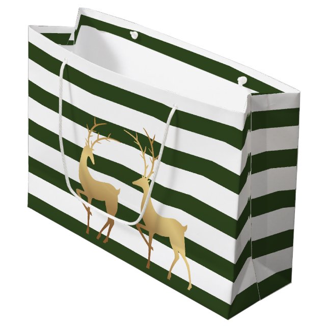Grand Sac Cadeau Spruce moderne Green Stripes Gold Deer (Devant Angle)