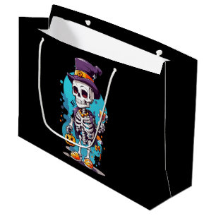 Grand Sac Cadeau Squelette drôle d'Halloween portant un chapeau hau