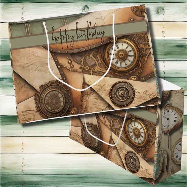 Grand Sac Cadeau Steampunk | Horloge | Engins | Livres | Victorien (Steampunk gears and clocks on customizable large gift bags for birthdays and special occasions. )
