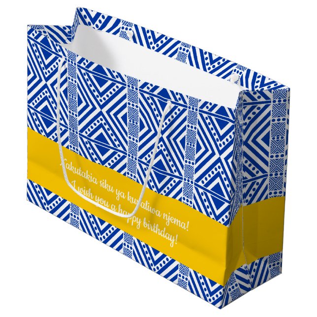 Grand Sac Cadeau Style africain Motif sans faille. Couleur bleue (Devant Angle)