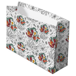 Grand Sac Cadeau Style d'art de griffonnage abstrait floral vert ro
