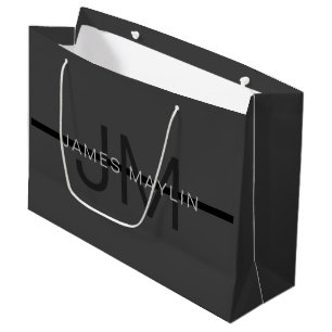 Grand Sac Cadeau Stylé Masculin Gris Foncé Nom & Monogramme 