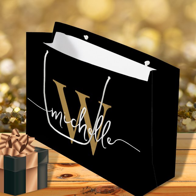 Grand Sac Cadeau Style moderne Noir Monogramme Or Original Script (Créateur téléchargé)