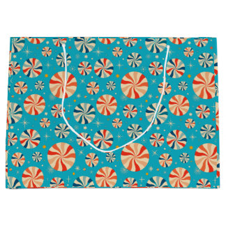 Grand Sac Cadeau Sucre de canne de Noël rétro bleu