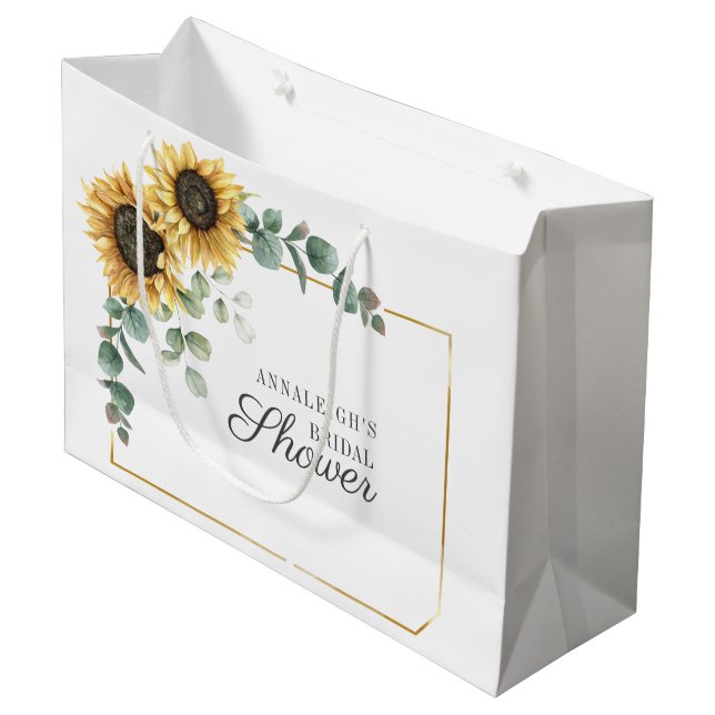 Grand Sac Cadeau Sunflower Eucalyptus Fête des mariées à script flo (Devant Angle)