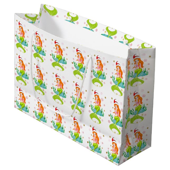 Grand Sac Cadeau Superbe sirène de Noël flocons de neige or motif (Devant Angle)