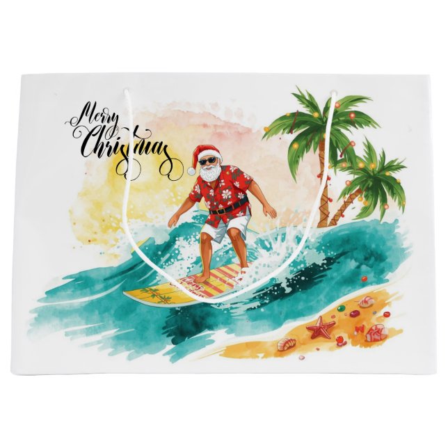 Grand Sac Cadeau Surfing Santa Claus Christmas Holiday  (Devant)