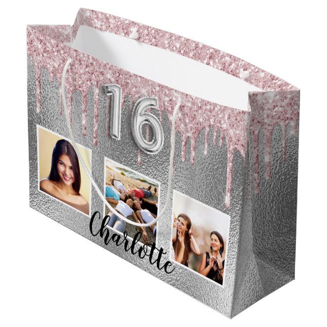 Grand Sac Cadeau Sweet 16 parties scintillant rose argent gouttes p (Dos Angle)