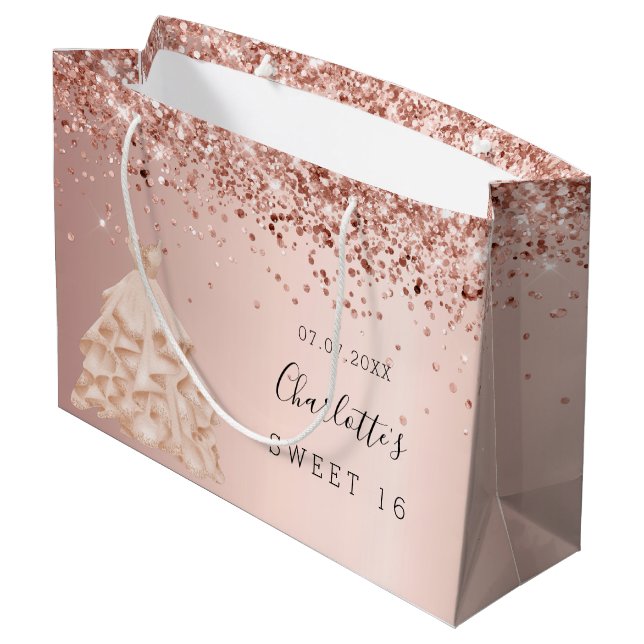 Grand Sac Cadeau Sweet 16 rose or parties scintillant nom robe (Dos Angle)