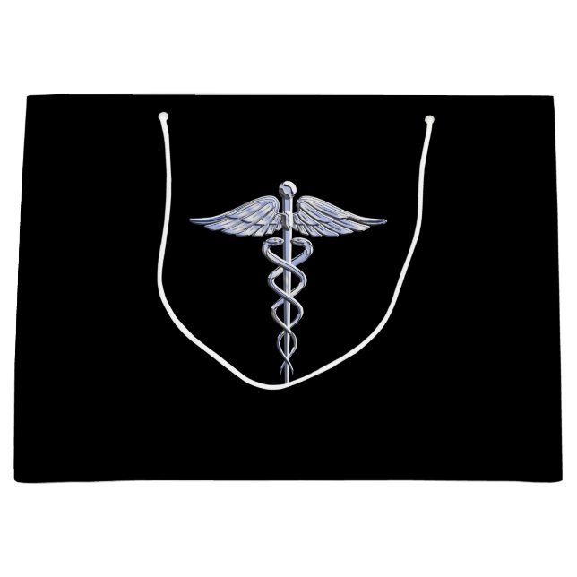 Grand Sac Cadeau Symbole Médicale de caducée argenté sur le noir (Devant)