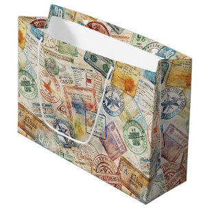 Grand Sac Cadeau Tampon de passeport rustique motif voyage (6)