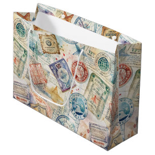 Grand Sac Cadeau Tampon de passeport rustique motif voyage (7)