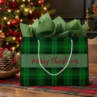 Grand Sac Cadeau Tartan à carreaux vert élégant personnalisé pour N