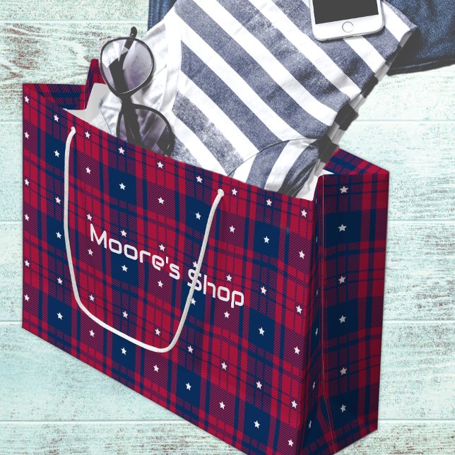Grand Sac Cadeau Tartan - Patriotique - Bleu Rouge Étoiles Blanches (Créateur téléchargé)