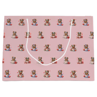Grand Sac Cadeau Teacup Yorkie Valentine's Day - Rose